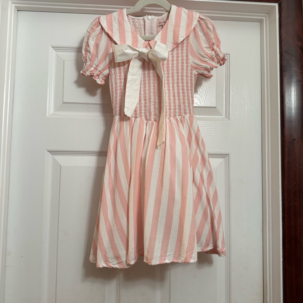 Ivy City Co mini Alice Pink and White Striped Sailor-Style Dress with Bow